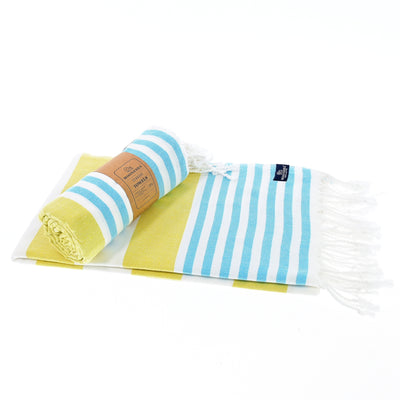 Turkish Towel, Beach Bath Towel, Moonessa Avalon Series, Handwoven, Combed Natural Cotton, 300g, Yellow-Turquoise, roll & horizontal 2