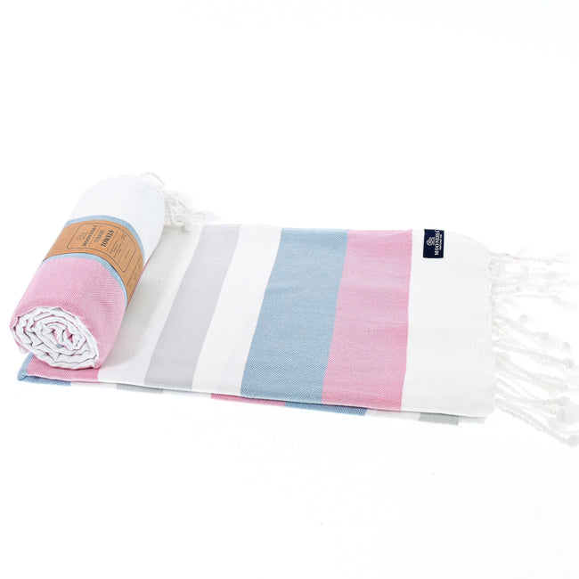 Turkish Towel, Beach Bath Towel, Moonessa Fremantle Series, Handwoven, Combed Natural Cotton, 340g, Vermilon-Blue-Grey, roll & horizontal 2