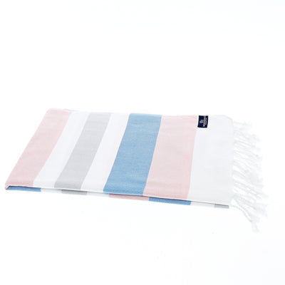 Turkish Towel, Beach Bath Towel, Moonessa Fremantle Series, Handwoven, Combed Natural Cotton, 340g, Pink-Blue-Grey, horizontal