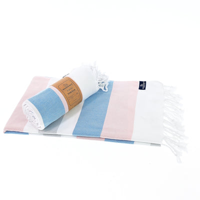 Turkish Towel, Beach Bath Towel, Moonessa Fremantle Series, Handwoven, Combed Natural Cotton, 340g, Pink-Blue-Grey, roll & horizontal 2