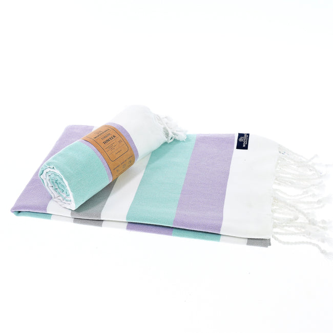 Turkish Towel, Beach Bath Towel, Moonessa Fremantle Series, Handwoven, Combed Natural Cotton, 340g, Purple-Mint-Grey, roll & horizontal