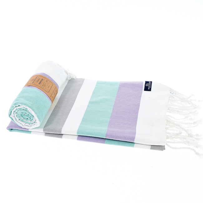Turkish Towel, Beach Bath Towel, Moonessa Fremantle Series, Handwoven, Combed Natural Cotton, 340g, Purple-Mint-Grey, roll & horizontal 2