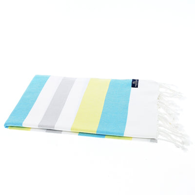 Turkish Towel, Beach Bath Towel, Moonessa Fremantle Series, Handwoven, Combed Natural Cotton, 340g, Turquoise-Yellow-Grey, horizontal