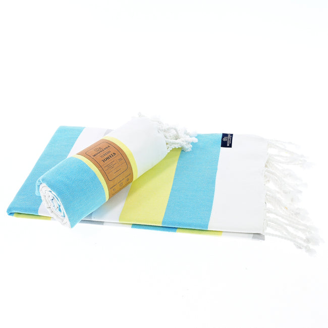 Turkish Towel, Beach Bath Towel, Moonessa Fremantle Series, Handwoven, Combed Natural Cotton, 340g, Turquoise-Yellow-Grey, roll & horizontal