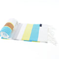 Turkish Towel, Beach Bath Towel, Moonessa Fremantle Series, Handwoven, Combed Natural Cotton, 340g, Turquoise-Yellow-Grey, roll & horizontal 2