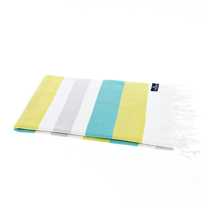 Turkish Towel, Beach Bath Towel, Moonessa Fremantle Series, Handwoven, Combed Natural Cotton, 340g, Teal-Yellow-Grey, horizontal