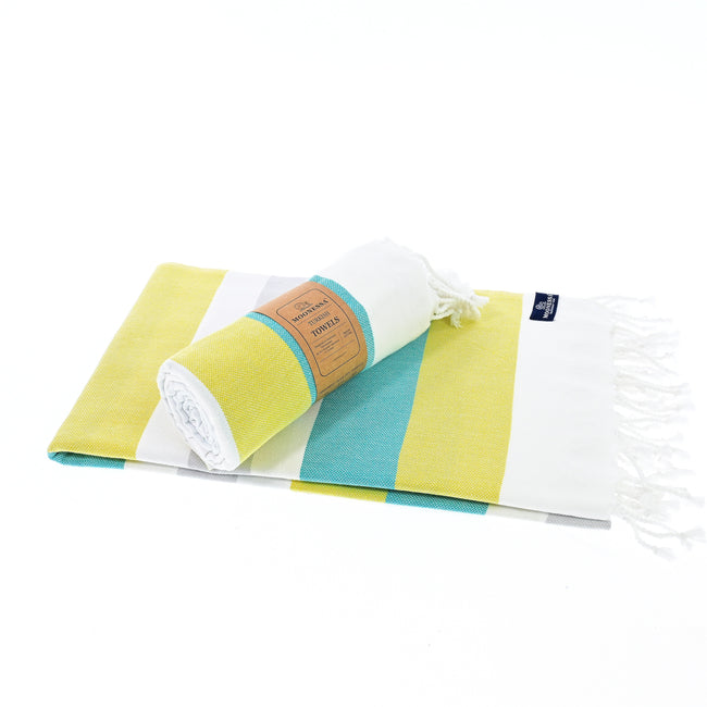Turkish Towel, Beach Bath Towel, Moonessa Fremantle Series, Handwoven, Combed Natural Cotton, 340g, Teal-Yellow-Grey, roll & horizontal