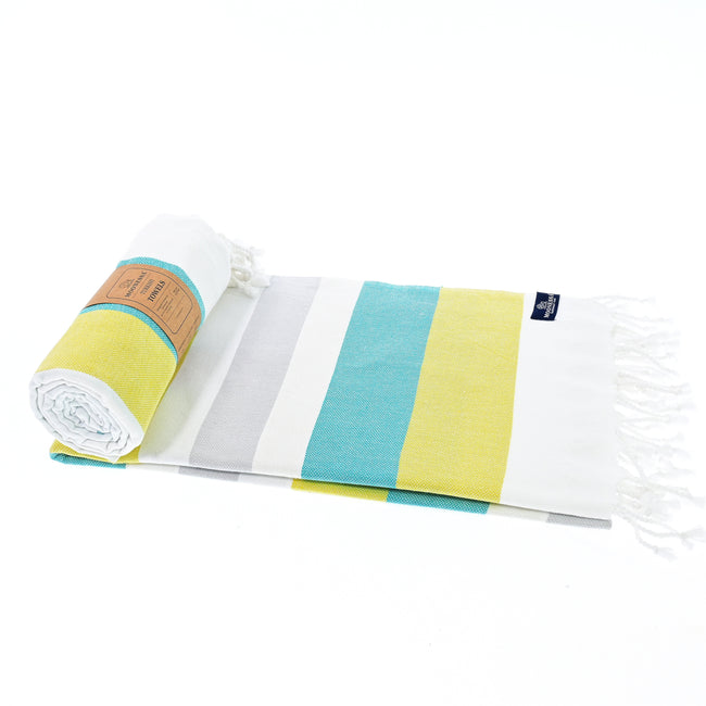 Turkish Towel, Beach Bath Towel, Moonessa Fremantle Series, Handwoven, Combed Natural Cotton, 340g, Teal-Yellow-Grey, roll & horizontal 2