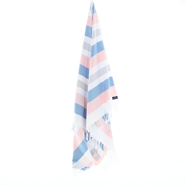 Turkish Towel, Beach Bath Towel, Moonessa Fremantle Series, Handwoven, Combed Natural Cotton, 340g, Pink-Blue-Grey, hanging