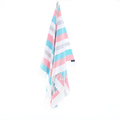 Turkish Towel, Beach Bath Towel, Moonessa Fremantle Series, Handwoven, Combed Natural Cotton, 340g, Tuquoise-Pink-Grey, hanging