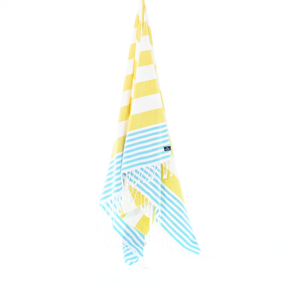 Turkish Towel, Beach Bath Towel, Moonessa Avalon Series, Handwoven, Combed Natural Cotton, 300g, Yellow-Turquoise, hanging