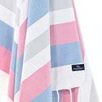 Turkish Towel, Beach Bath Towel, Moonessa Fremantle Series, Handwoven, Combed Natural Cotton, 340g, Vermilon-Blue-Grey, hanging close-up