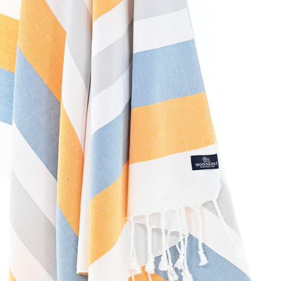 Turkish Towel, Beach Bath Towel, Moonessa Fremantle Series, Handwoven, Combed Natural Cotton, 340g, Orange-Blue-Grey, hanging close-up