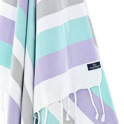 Turkish Towel, Beach Bath Towel, Moonessa Fremantle Series, Handwoven, Combed Natural Cotton, 340g, Purple-Mint-Grey, hanging close-up