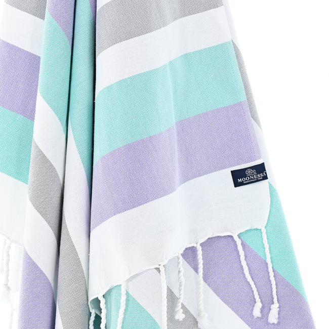 Turkish Towel, Beach Bath Towel, Moonessa Fremantle Series, Handwoven, Combed Natural Cotton, 340g, Purple-Mint-Grey, hanging close-up