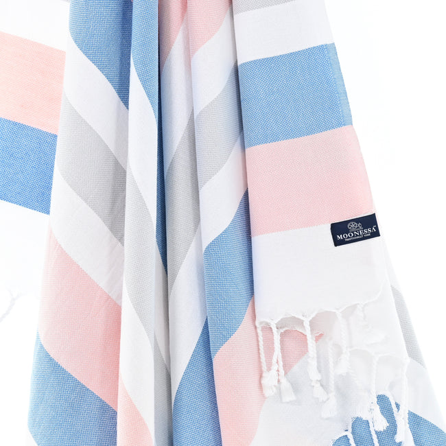 Turkish Towel, Beach Bath Towel, Moonessa Fremantle Series, Handwoven, Combed Natural Cotton, 340g, Pink-Blue-Grey, hanging close-up