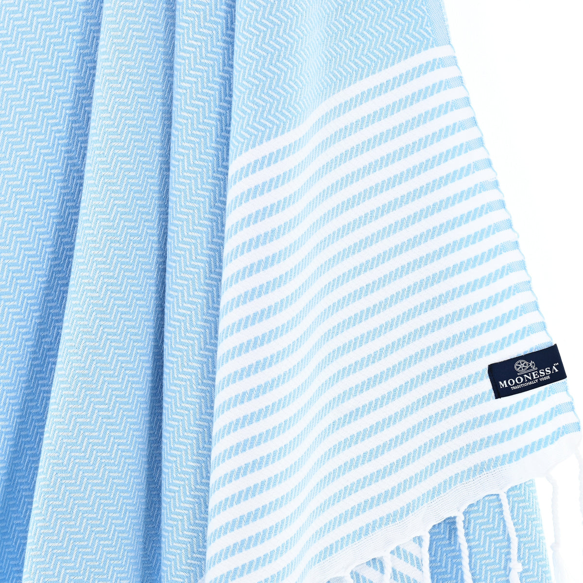 Turkish Towel, Beach Bath Towel, Moonessa Perth Series, Handwoven, Combed Natural Cotton, 400g, Light Blue, hanging close-up