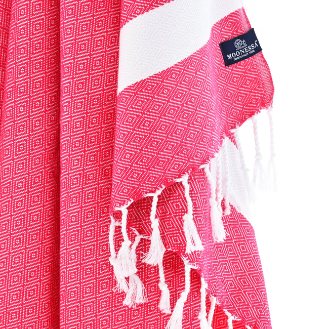 Turkish Towel, Beach Bath Towel, Moonessa Sydney Series, Handwoven, Combed Natural Cotton, 410g, Fuschia, hanging close-up