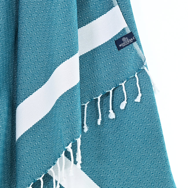 Turkish Towel, Beach Bath Towel, Moonessa Sydney Series, Handwoven, Combed Natural Cotton, 410g, Teal, hanging close-up