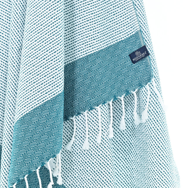Turkish Towel, Beach Bath Towel, Moonessa Milan Series, Handwoven, Combed Natural Cotton, 410g, Teal, hanging close-up