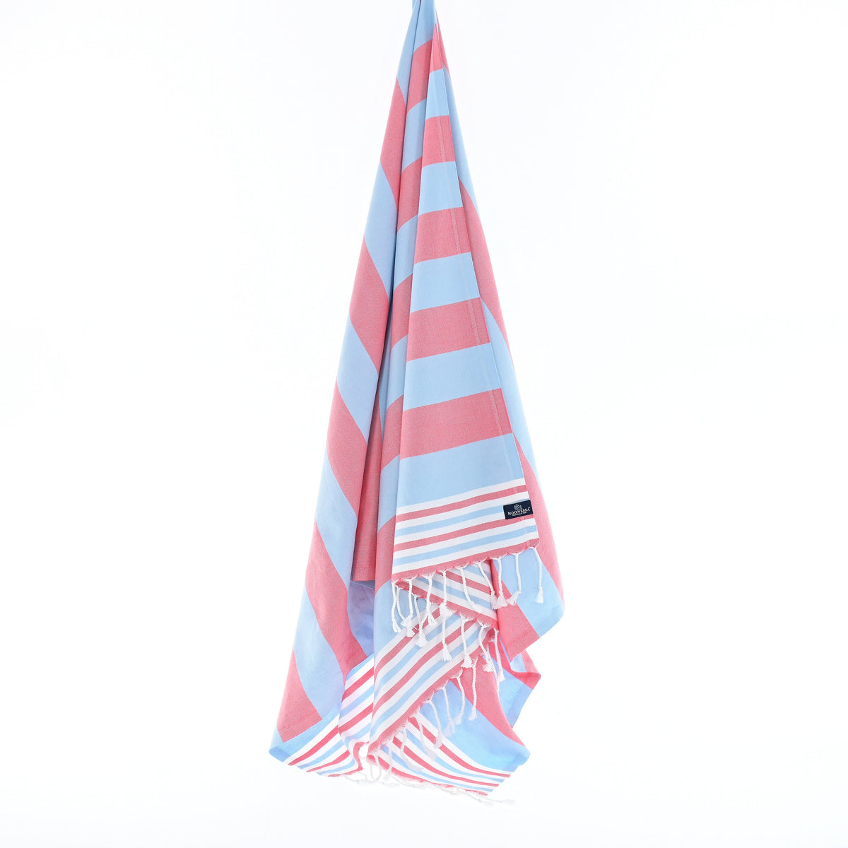 Turkish Towel, Beach Bath Towel, Moonessa Bondi Beach Series, Handwoven, Combed Natural Cotton, 330g, Coral Red-Light Blue, hanging