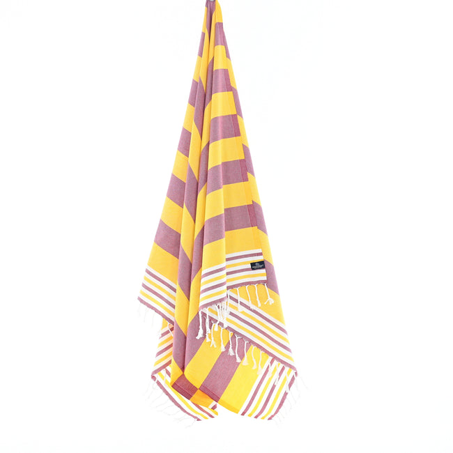 Turkish Towel, Beach Bath Towel, Moonessa Bondi Beach Series, Handwoven, Combed Natural Cotton, 330g, Damson-Yellow, hanging