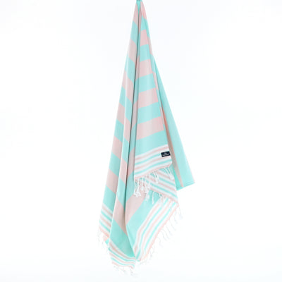 Turkish Towel, Beach Bath Towel, Moonessa Bondi Beach Series, Handwoven, Combed Natural Cotton, 330g, Pink-Mint, hanging