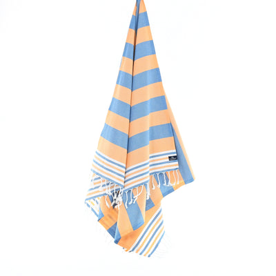 Turkish Towel, Beach Bath Towel, Moonessa Bondi Beach Series, Handwoven, Combed Natural Cotton, 330g, Blue-Orange, hanging