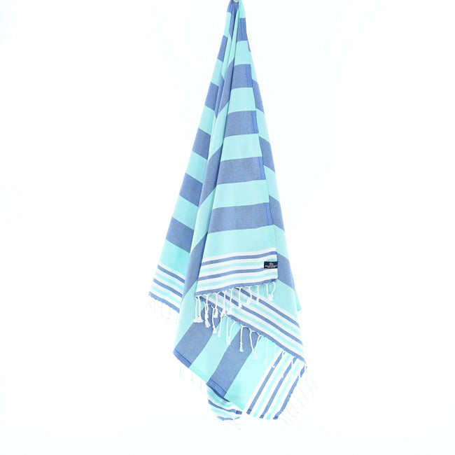 Turkish Towel, Beach Bath Towel, Moonessa Bondi Beach Series, Handwoven, Combed Natural Cotton, 330g,Navy-Mint, hanging