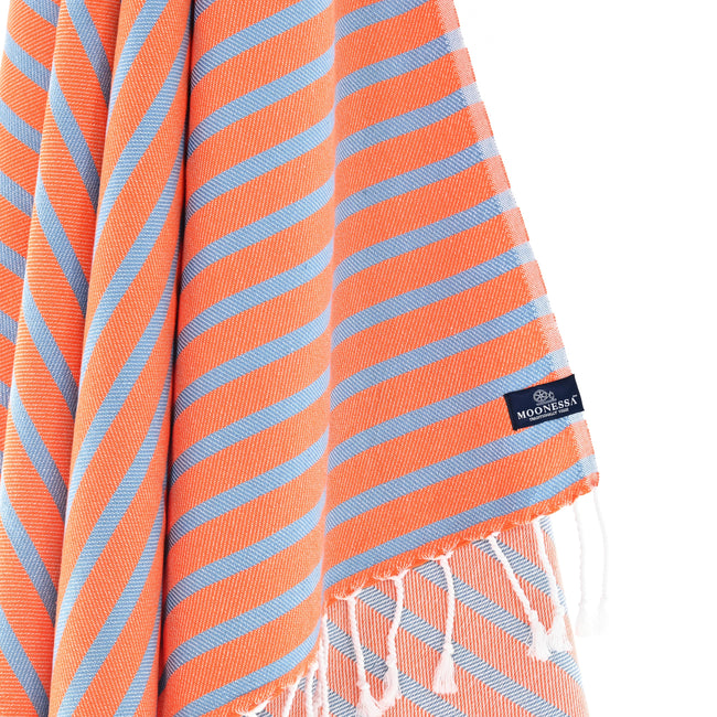 Turkish Towel, Beach Bath Towel, Moonessa Oxford Series, Handwoven, Combed Natural Cotton, 410g, Sweat Blue-Orange, hanging close-up
