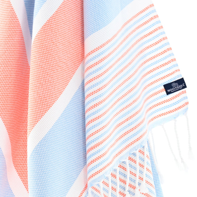 Turkish Towel, Beach Bath Towel, Moonessa Gold Coast Series, Handwoven, Combed Natural Cotton, 420g, Orange-Light Blue, hanging close-up