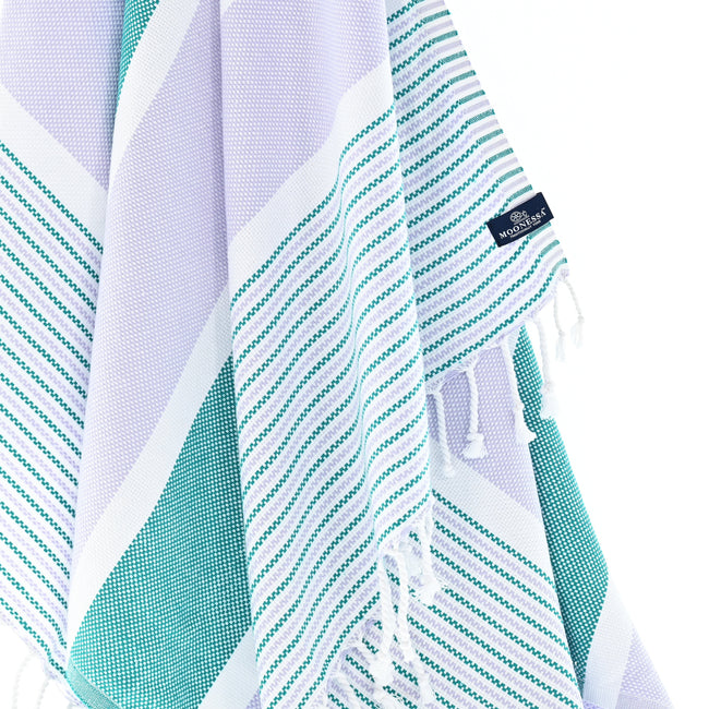 Turkish Towel, Beach Bath Towel, Moonessa Gold Coast Series, Handwoven, Combed Natural Cotton, 420g, Purple-Teal, hanging close-up