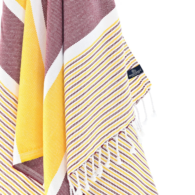 Turkish Towel, Beach Bath Towel, Moonessa Gold Coast Series, Handwoven, Combed Natural Cotton, 420g, Damson-Yellow, hanging close-up