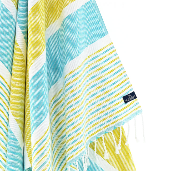 Turkish Towel, Beach Bath Towel, Moonessa Gold Coast Series, Handwoven, Combed Natural Cotton, 420g, Turquoise-Yellow, hanging close-up