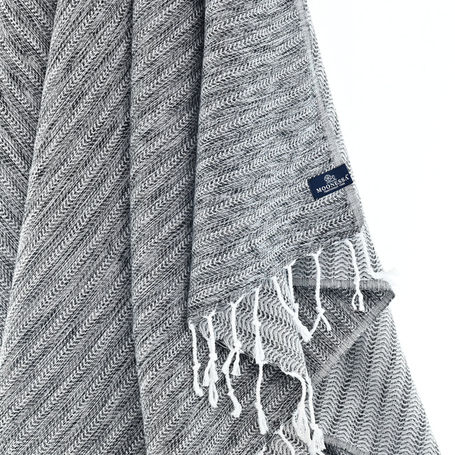 Turkish Towel, Beach Bath Towel, Moonessa Nairobi Series, Handwoven, Combed Natural Cotton, 470g, Black-Grey, hanging close-up
