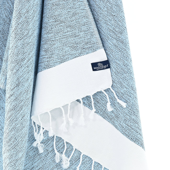 Turkish Towel, Beach Bath Towel, Moonessa Madrid Series, Handwoven, Combed Natural Cotton, 420g, Ice Blue, hanging close-up