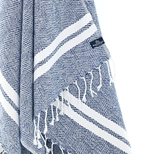 Turkish Towel, Beach Bath Towel, Moonessa Istanbul Series, Handwoven, Combed Natural Cotton, 490g, Navy-White, hanging close-up