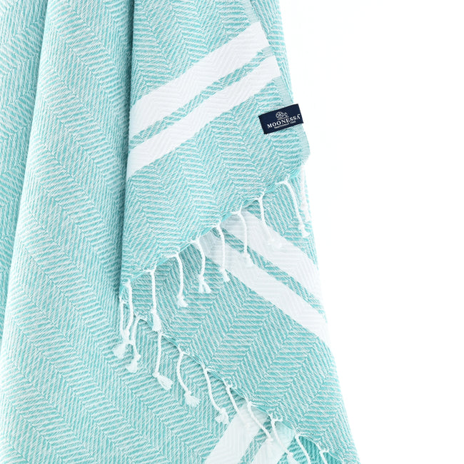 Turkish Towel, Beach Bath Towel, Moonessa Istanbul Series, Handwoven, Combed Natural Cotton, 490g, Mint-White, hanging close-up