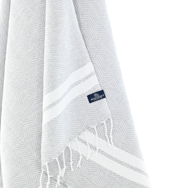 Turkish Towel, Beach Bath Towel, Moonessa Istanbul Series, Handwoven, Combed Natural Cotton, 490g, Grey-White, hanging close-up
