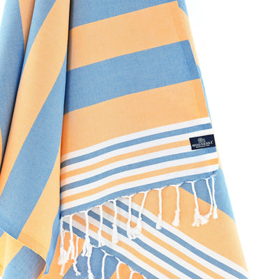 Turkish Towel, Beach Bath Towel, Moonessa Bondi Beach Series, Handwoven, Combed Natural Cotton, 330g, Blue-Orange, hanging close-up