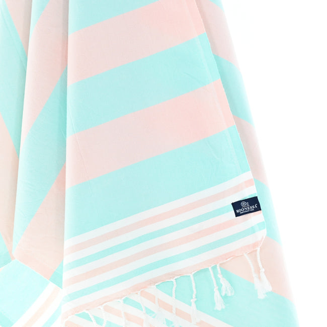 Turkish Towel, Beach Bath Towel, Moonessa Bondi Beach Series, Handwoven, Combed Natural Cotton, 330g, Pink-Mint, hanging close-up