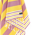 Turkish Towel, Beach Bath Towel, Moonessa Bondi Beach Series, Handwoven, Combed Natural Cotton, 330g, Damson-Yellow, hanging close-up