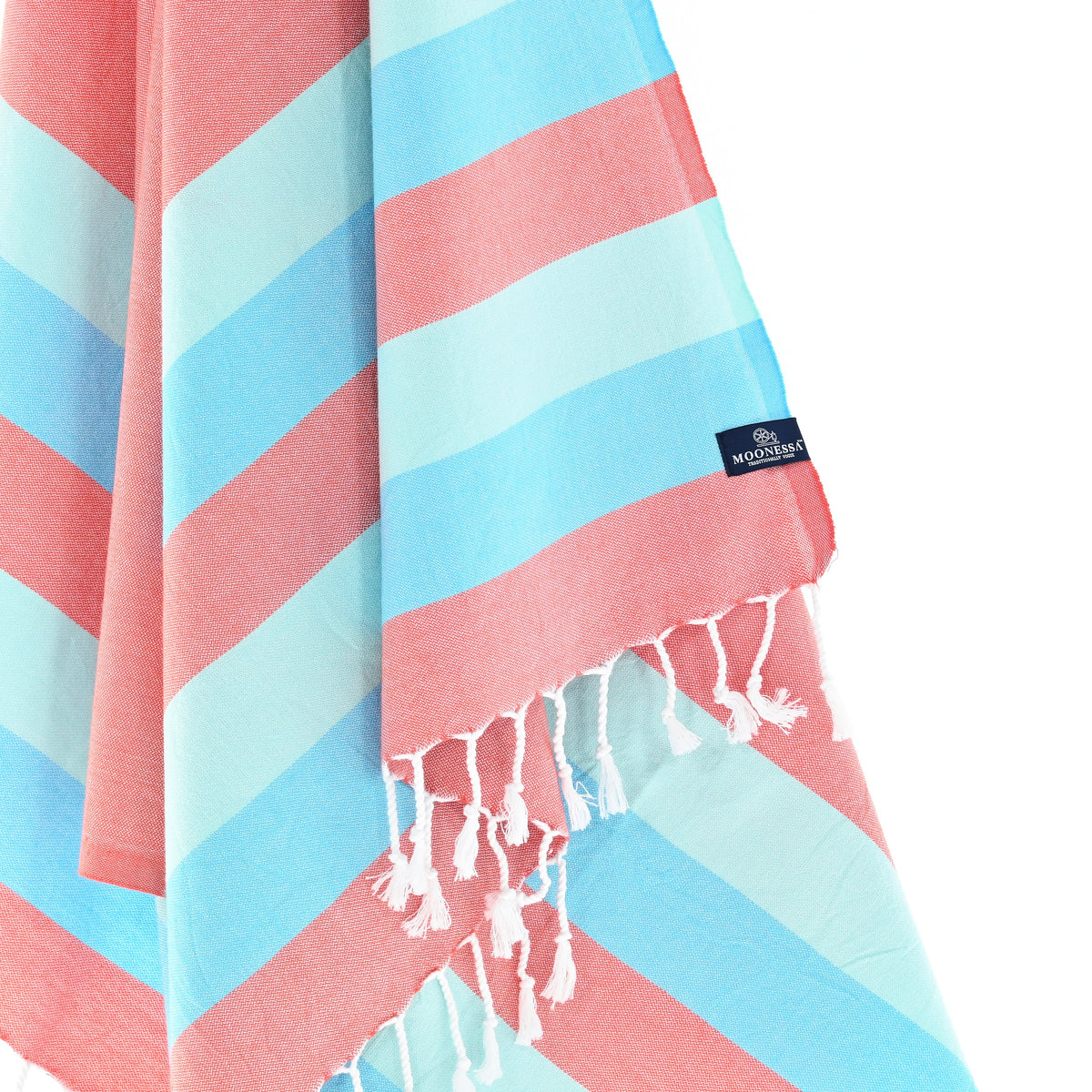 Turkish Towel, Beach Bath Towel, Moonessa Swan River Series, Handwoven, Combed Natural Cotton, 330g, Vermilion-Turquoise-Sky Blue, hanging close-up