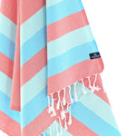 Turkish Towel, Beach Bath Towel, Moonessa Swan River Series, Handwoven, Combed Natural Cotton, 330g, Vermilion-Turquoise-Sky Blue, hanging close-up
