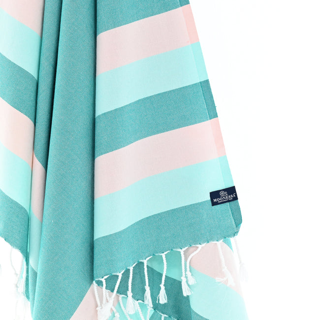 Turkish Towel, Beach Bath Towel, Moonessa Swan River Series, Handwoven, Combed Natural Cotton, 330g, Teal-Mint-Candy Pink, hanging close-up