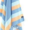 Turkish Towel, Beach Bath Towel, Moonessa Swan River Series, Handwoven, Combed Natural Cotton, 330g, Ocean Blue-Orange-Sky Blue, hanging close-up