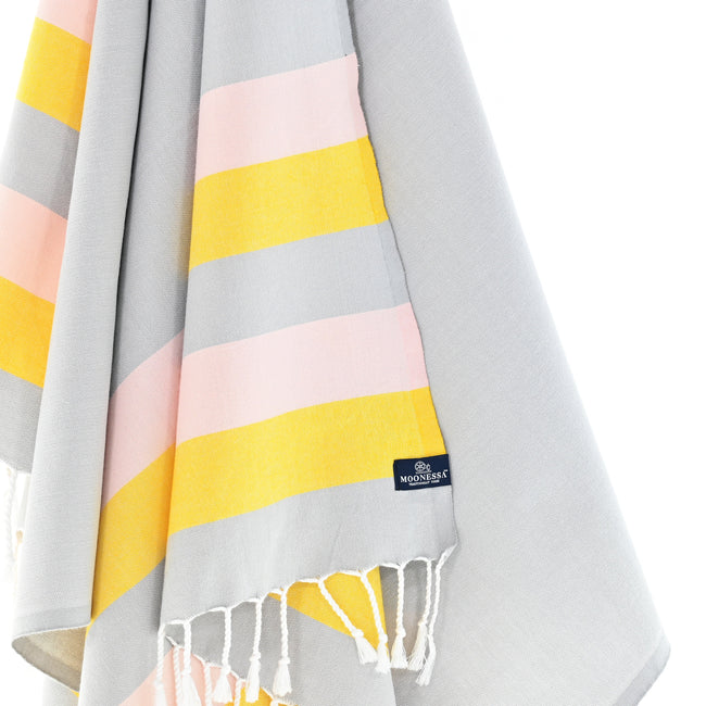 Turkish Towel, Beach Bath Towel, Moonessa Swan River Series, Handwoven, Combed Natural Cotton, 330g, Dark Grey-Yellow-Pink, hanging close-up