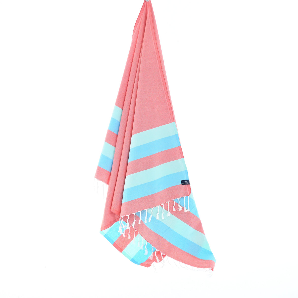 Turkish Towel, Beach Bath Towel, Moonessa Swan River Series, Handwoven, Combed Natural Cotton, 330g, Vermilion-Turquoise-Sky Blue, hanging