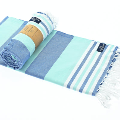Turkish Towel, Beach Bath Towel, Moonessa Bondi Beach Series, Handwoven, Combed Natural Cotton, 330g,Navy-Mint, roll & horizontal