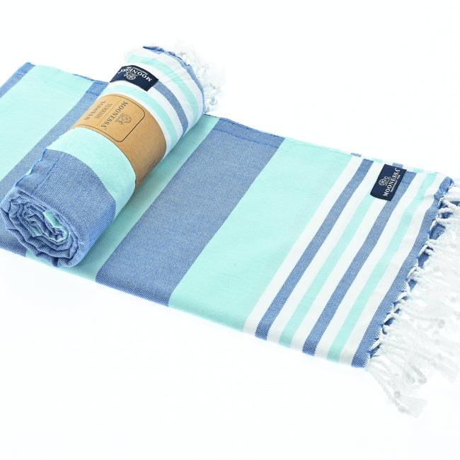 Turkish Towel, Beach Bath Towel, Moonessa Bondi Beach Series, Handwoven, Combed Natural Cotton, 330g,Navy-Mint, roll & horizontal